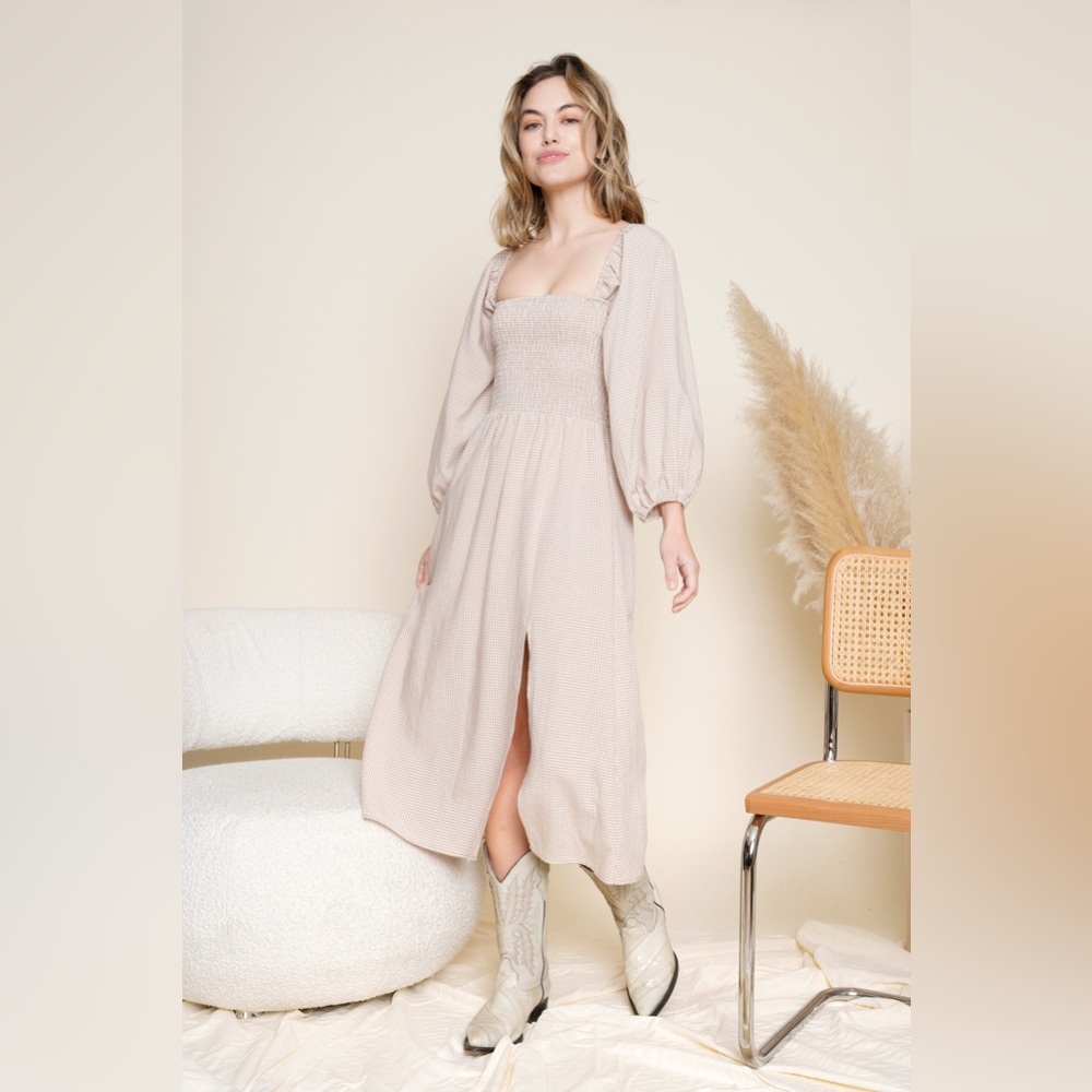 Sidney Dress in Beige Gingham